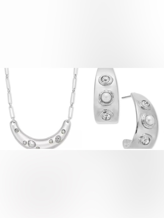 INC International Concepts Jewelry - I.N.C. Silver Crystal & Imitation Pearl Curved Bar Statement Necklace & Earrings